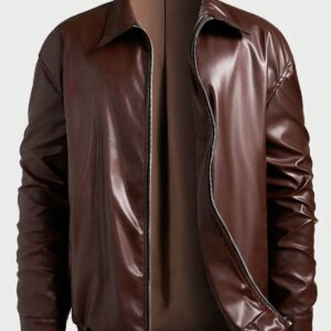 Men’s brown leather jacket with classic rugged style.